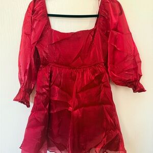 Red Mini Dress with Puff Sleeves - Women